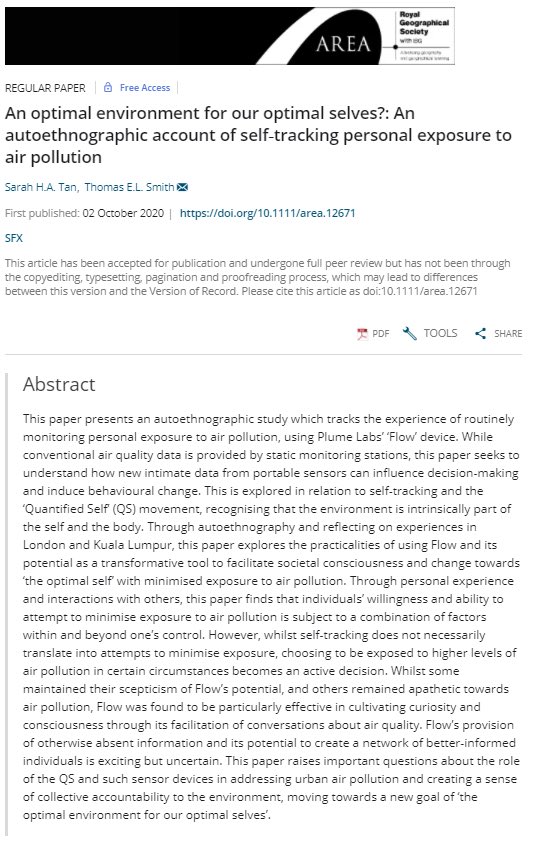 SarahHuiAnnTan's tweet photo. tl;dr
if you’re interested in a bit (or a lot) of #autoethnography; #personalexposure to #airpollution #monitoring; #behaviouralchange; and reflections on #data, #technology, #digitalhealth & the #QuantifiedSelf, read our new free access paper here: https://t.co/qPpBrvlMBJ !!! https://t.co/e6eMygBZvl