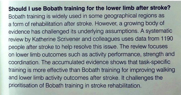 stroke_ed's tweet photo. The first comprehensive review of Bobath therapy for LL outcomes shows it is inferior to task specific training. Full article in next issue of Journal of Physiotherapy. @sarahftyson @kscriv2013 @anniemccluskey2 @karlschurr @physio_zheng https://t.co/6Kenah2LA5