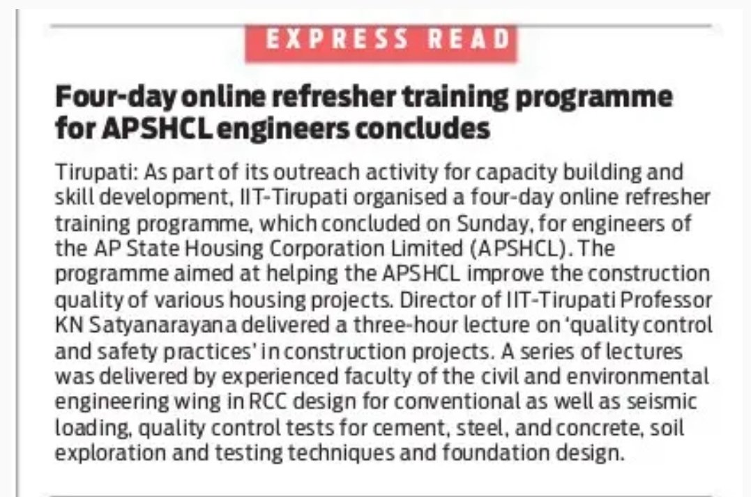 Four day IIT Tirupathi training program for Housing Engineers in AP