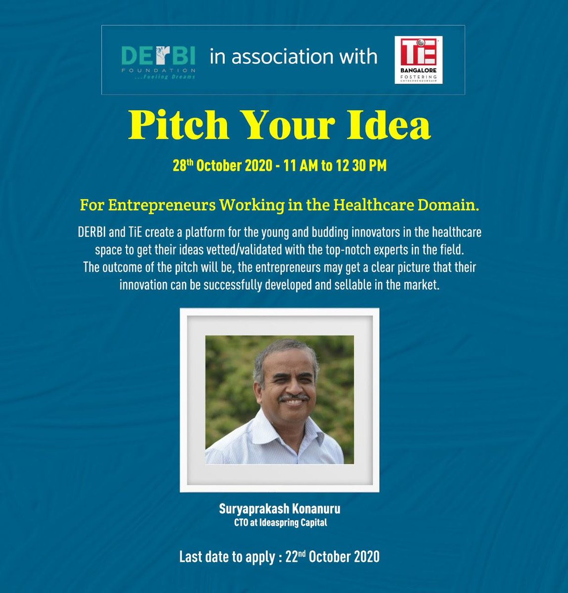 DERBI and TiE is calling young and budding innovators in the healthcare space to get their ideas vetted/validated with the top-notch experts in the field. With this, the #startups will have clear picture about their innovation and marketability. derbifoundation.cunomial.com/incubate/progr…