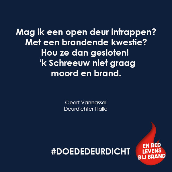 Vrijdag deelde Halse stadsdichter <a href="/GeertVanhassel/">Geert Vanhassel</a> dit mooie deurgedicht met ons. Bedankt Geert om de boodschap mee uit te dragen.  Heb jezelf ook een deurgedicht rond het thema?  Aarzel niet om het te delen met ons ! #doededeurdicht #redlevensbijbrand #deurdichter #brandpreventie