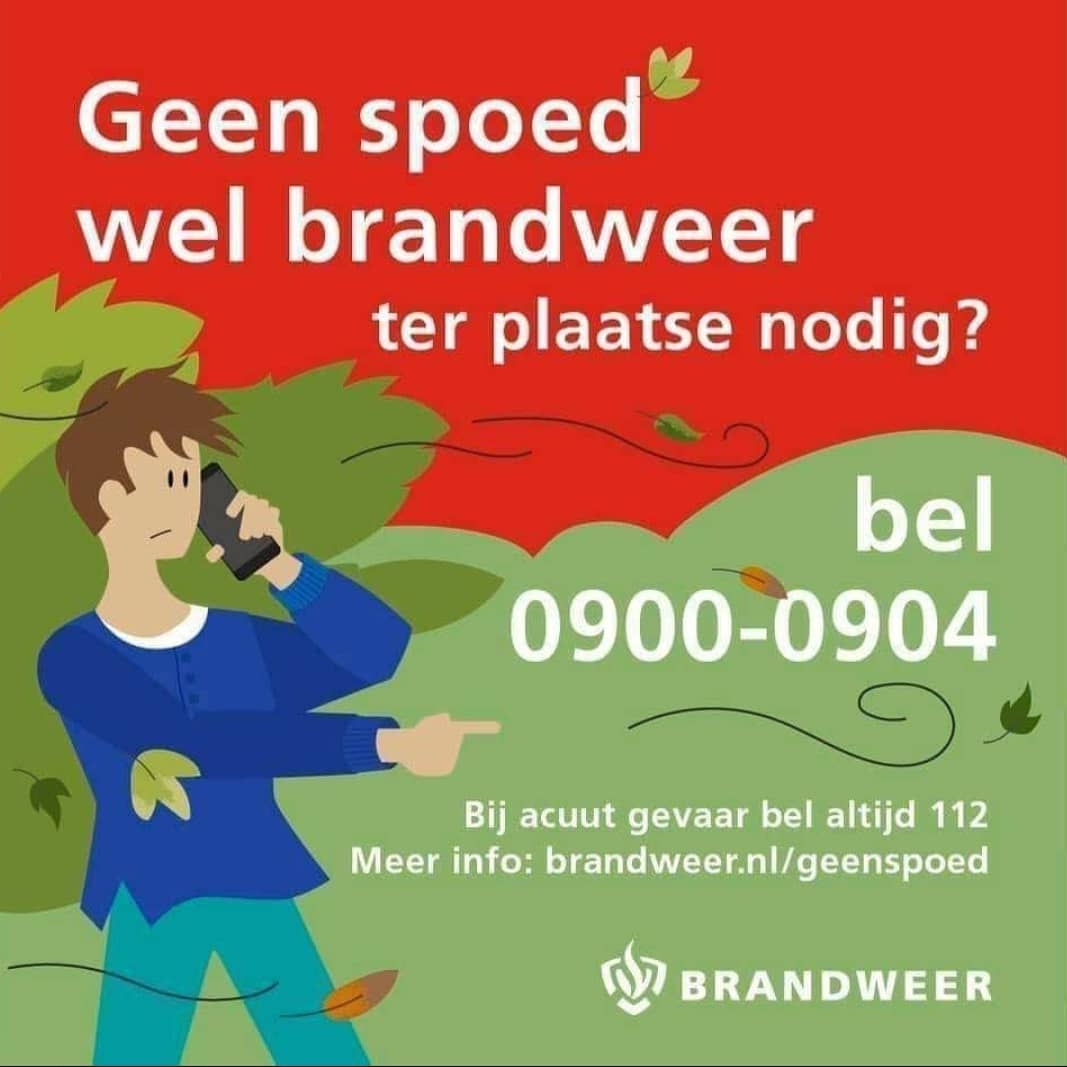 Vandaag wordt het telefoonnummer ‘geen spoed, wel brandweer ter plaatse’ landelijk geïntroduceerd.

Heeft u de brandweer nodig, maar is het geen levensbedreigende of acuut gevaarlijke situatie? Dan belt u vanaf vandaag 0900-0904.

Meer info: brandweer.nl/geenspoed