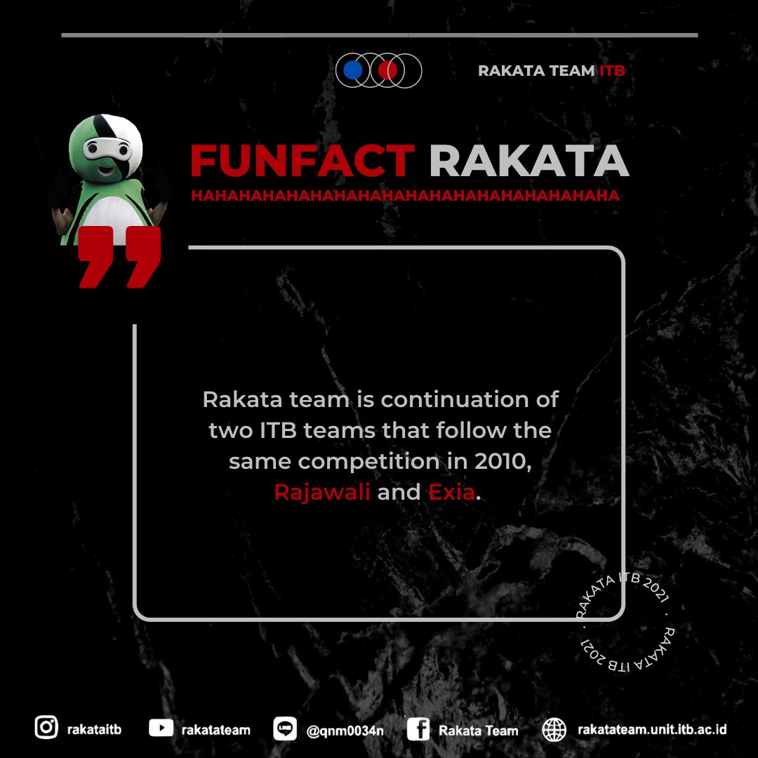 rakatateam's tweet photo. [ RAKATA'S FUN FACT ]

Have you ever been curious about how Rakata was formed? Here is the fact, Rakata was established in 2010 and Rakata was a merger of two teams, Rajawali and Exia.

#RakataTeamITB #ShellEcoMarathon https://t.co/VPrHJiU392