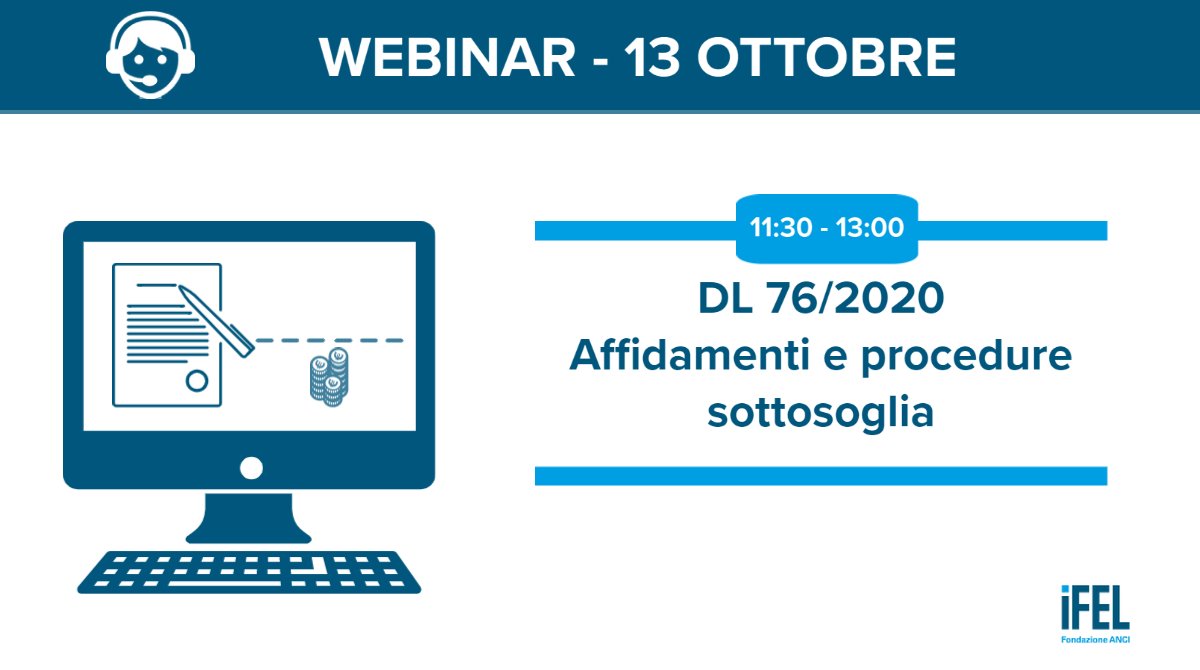 FondazioneIFEL's tweet photo. 👨💻Domani torniamo a parlare del #DLsemplificazioni: nel nuovo #webinar del ciclo dedicato alle novità introdotte al #Codicedeicontratti approfondiamo gli affidamenti #sottosoglia.
Potete ancora iscrivervi qui ➡️ https://t.co/ViO0zUpXkT https://t.co/JHF0nTyP8E