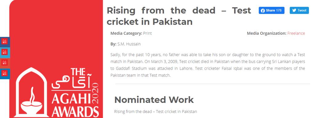 CaughtAtPoint's tweet image. Delighted to share the news that my article 'Rising from the dead - Test cricket in Pakistan' (for @TheCricketerMag ) has been nominated for @AgahiAwards 2020.

#Cricket #MondayMotivaton