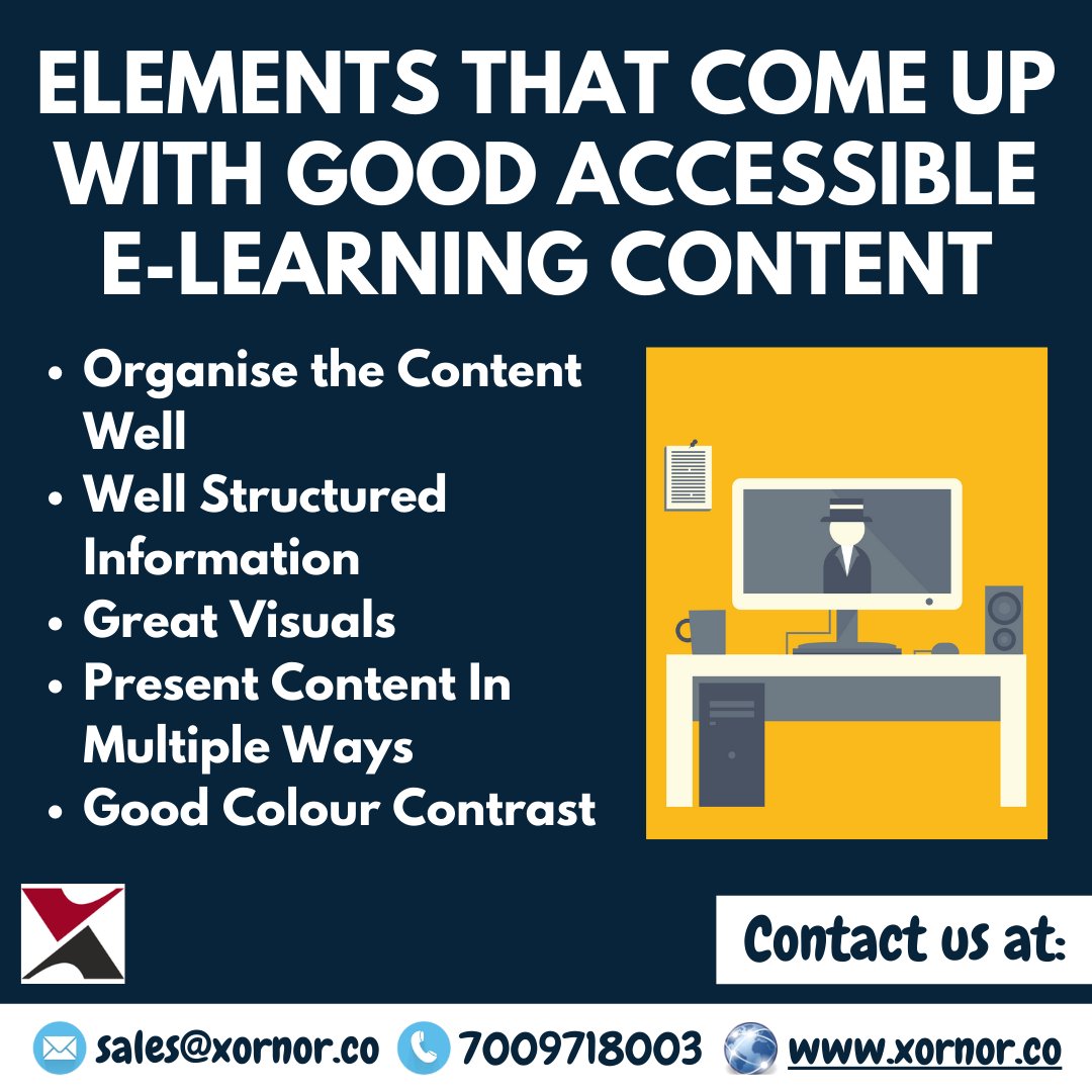 xornortech's tweet image. The best thing about the online classes and the e-Learning platforms is that these can be accessed from anywhere and a person can independently use them. Here are the elements that come up with good accessible E-Learning content.
#eLearning #content #elearningcontent #learning