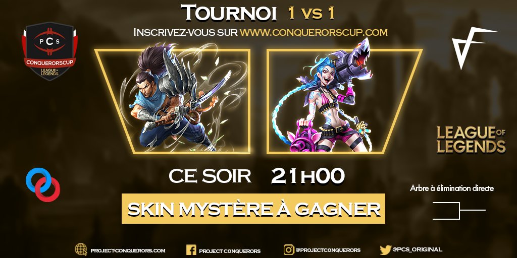 📌#Tournoi #LeagueOfLegends 1V1

Ce soir à 21h, affrontez-vous dans un tournoi 1V1 sur LoL !
🎁1 skin mystère à gagner
🖱️ conquerorscup.com  

💡Le Saviez-vous ?
➡️Les #tournois 1v1 LoL ont lieu tous les lundis à 21h 
➡️CHECK-IN à 20h

<a href="/RT4FRENCH/">FrenchRT</a> <a href="/ValkyrFactory/">Valkyr Factory</a> #esport
