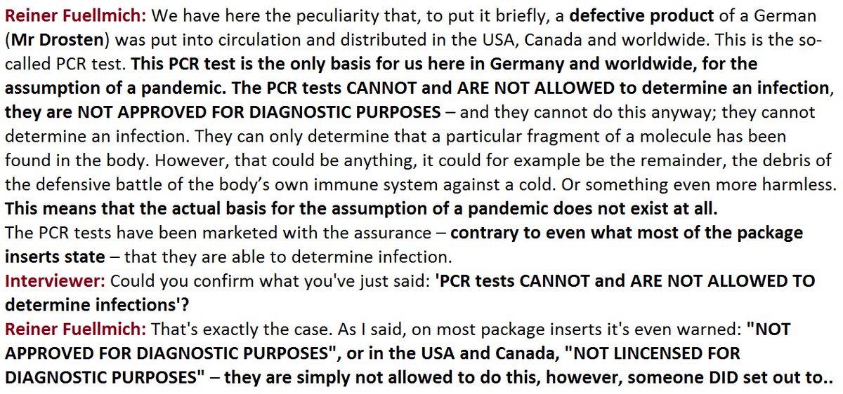 1) Excerpts from interview with Reiner Fuellmich, who's preparing a class-action lawsuit against the German inventor who fraudulently marketed PCR as a test for infection, explaining 'the PCR TEST CANNOT & IS NOT ALLOWED TO DETERMINE INFECTION.' (12:20min)