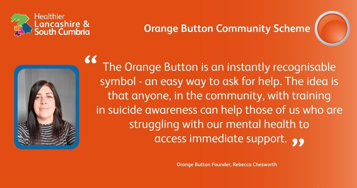 fyldecouncil's tweet image. A partnership of NHS &amp;amp; voluntary groups in Lancs and South Cumbria has come together to launch the Orange Button Community Scheme 🧡

If you’re worried about a friend or family member, anyone who wears an Orange Button can be approached for advice. #OrangeButtonCommunity