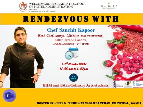 WGSHA Manipal (@wmanipal) on Twitter photo RENDEZVOUS with Chef Sanchit Kapoor
We are happy to invite Chef Sanchit Kapoor– Head Chef, Mw Eat Ltd, London, Alumnus – 17th-course BHM for a live webinar which is scheduled on Tuesday, 13 October 2020 from 11.30am to 1 pm
<a href="/MAHE_Manipal/">Manipal Academy of Higher Education</a>
<a href="/ThiruChef/">Chef Thiru</a>
<a href="/ITCHotels/">ITC Hotels Ltd</a> RENDEZVOUS with Chef Sanchit Kapoor
We are happy to invite Chef Sanchit Kapoor– Head Chef, Mw Eat Ltd, London, Alumnus – 17th-course BHM for a live webinar which is scheduled on Tuesday, 13 October 2020 from 11.30am to 1 pm
<a href="/MAHE_Manipal/">Manipal Academy of Higher Education</a>
<a href="/ThiruChef/">Chef Thiru</a>
<a href="/ITCHotels/">ITC Hotels Ltd</a>