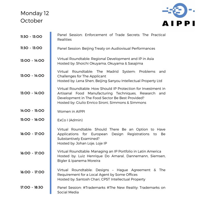 AIPPI_ORG's tweet photo. Here is what's on today at the 2020 AIPPI World Congress.
https://t.co/DAVs0rpaL2
#aippi2020 https://t.co/rRn160Xmcw