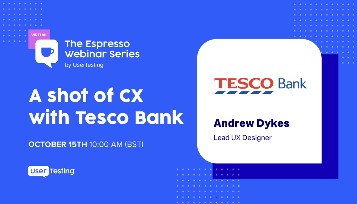 We are excited to welcome this week's Espresso webinar guest Andrew Dykes, Lead UX Designer at Tesco Bank, to discuss conducting #agileresearch and how to ensure inclusivity and accessibility during the design process. #CXwebinar #UXdesigner okt.to/xHcqIa