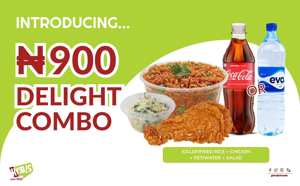 KobisFoods's tweet photo. DELIGHT COMBO now 900 NGN !
Same great taste and quality 👍🏾.
#freshcombo #alwaysfresh #kobisfoods #mondaymotivation https://t.co/ZLqLQ0Pnzv