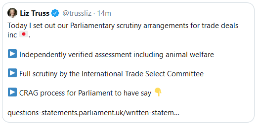 "Independently verified" - but not by a body that has any trade expertise."Full scrutiny" by Parliamentary committees - 10 days to read and digest ~1000 pages before the scrutiny process starts"CRAG process" - 21 days to delay at most.