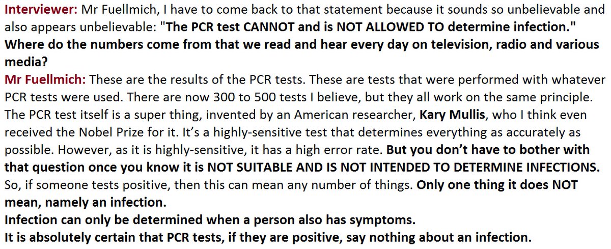 3) Reiner Fuellmich: "So, if someone tests positive, then this can mean any number of things. Only one thing it does NOT mean, namely an infection." "It is absolutely certain that PCR tests, when they are positive, say nothing about an infection."