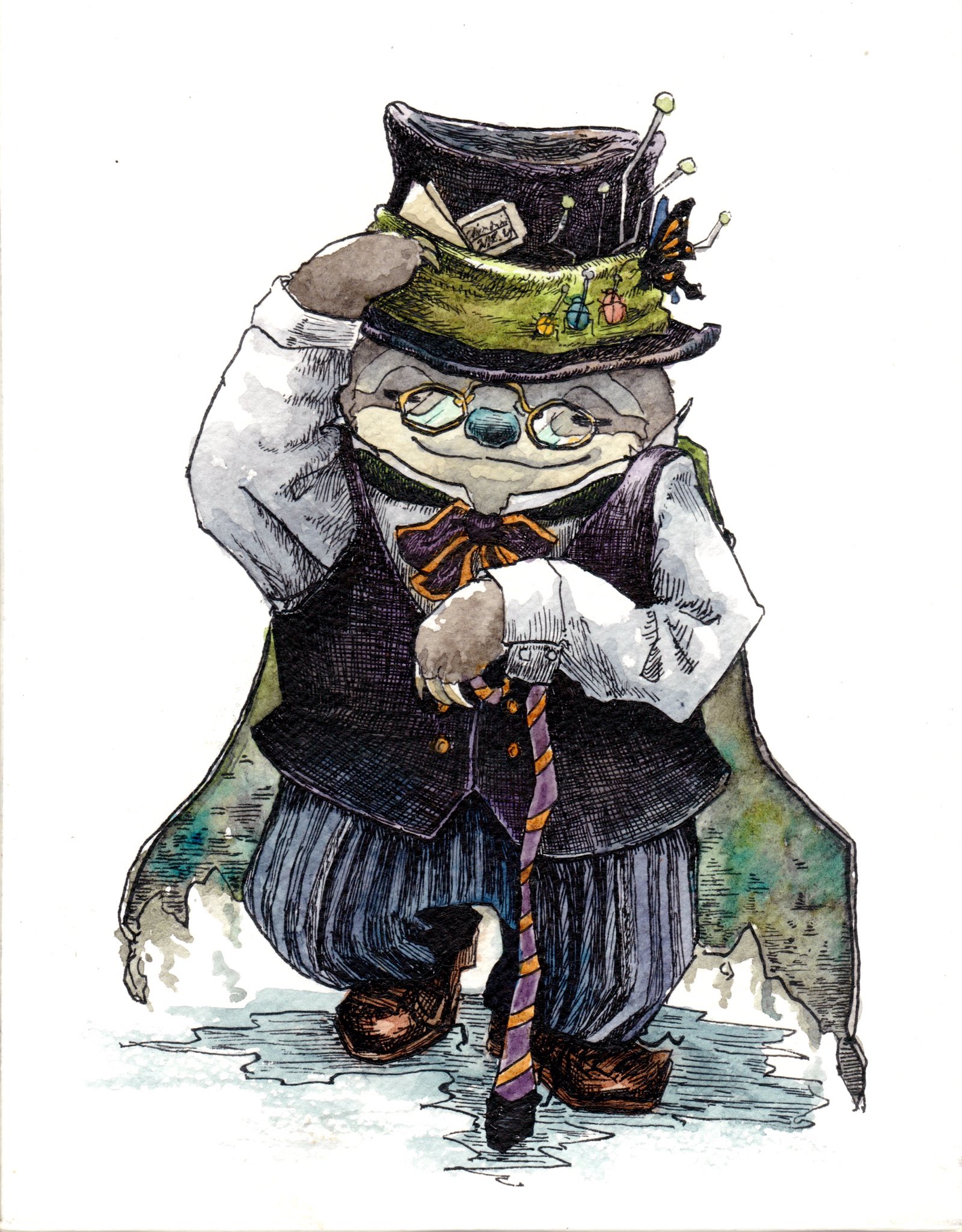 ノーチのしっぽ研究所 ナマケモノのスロリ先生 ハロウィンコーデver 自然をこよなく愛する博士で ノーチのしっぽ研究所 の創立者であり所長 いつもは真っ白な白衣姿ですが 今日はお洒落な帽子とマントできめているようです イラスト 水彩 ペン画