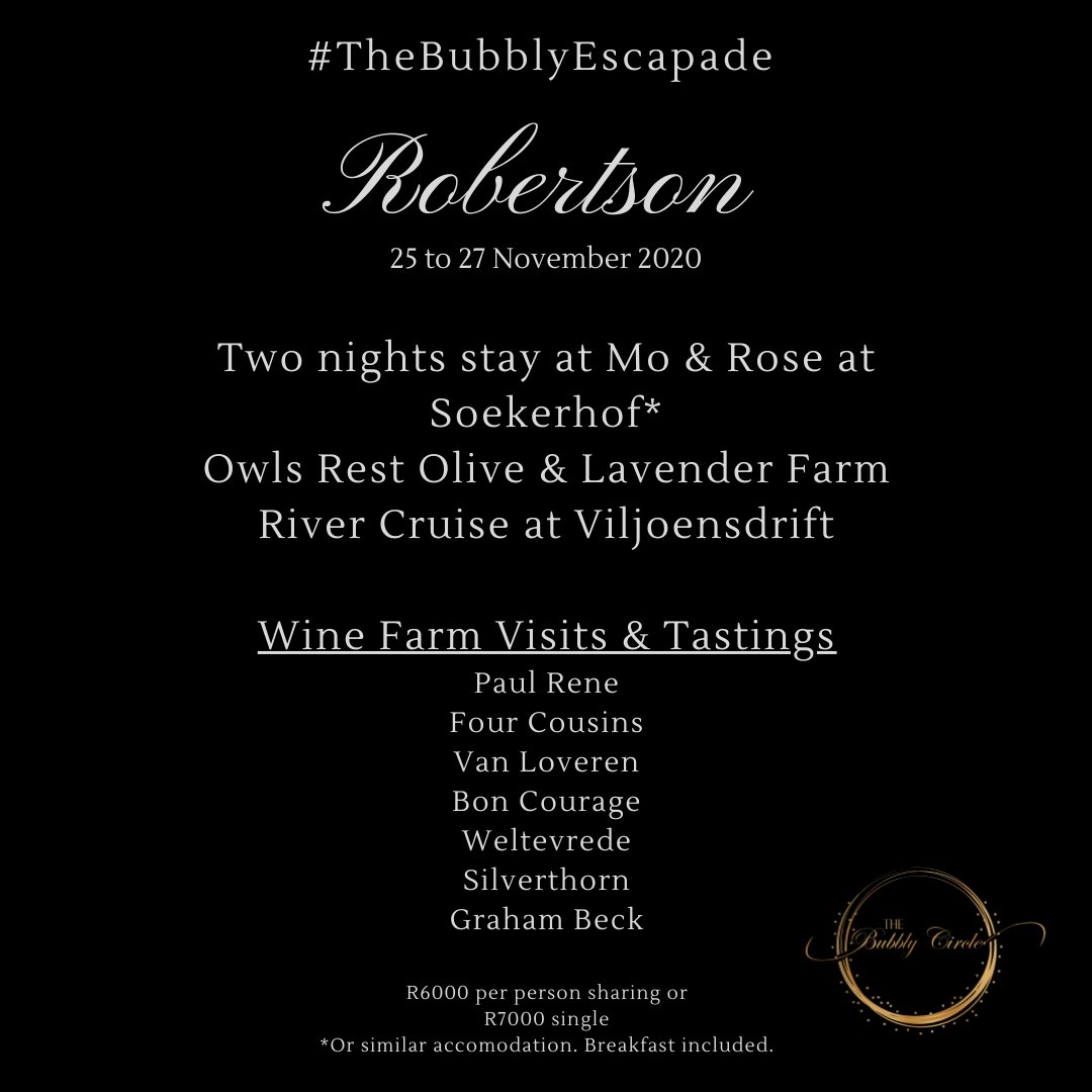 TheBubblyCircle's tweet photo. Join us for #TheBubblyEscapade in @RobertsonWineV we experience @paulrenemcc @vanloverenwines
Contact @SanaandiEvents @capediscovered to book your space on this exclusive tour #CapClassique #DrinkLocalWine #ShortLeft #staycationmonday https://t.co/mUnVXqA55L