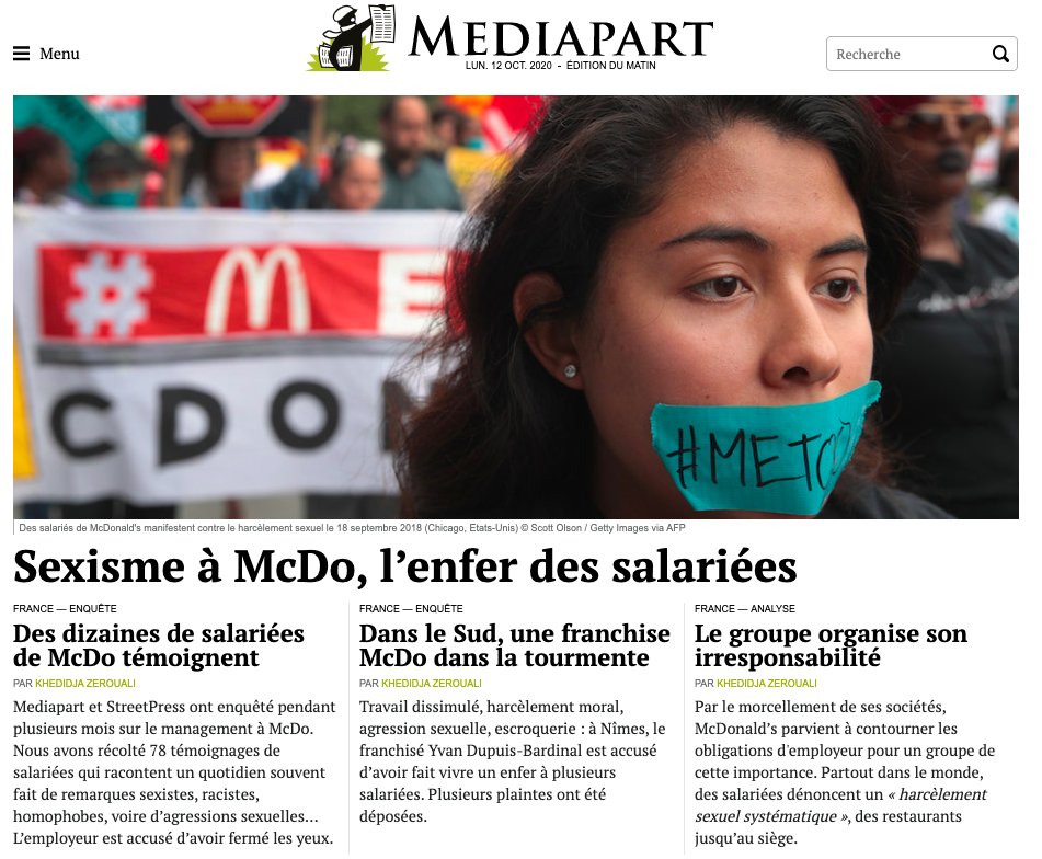Aujourd'hui,  @Mediapart et  @streetpress publient 5 enquêtes sur le quotidien des salariées de McDonald's, fait de remarques sexistes, racistes, homophobes et même d’agressions sexuelles. Deux mois d'enquête, 78 témoignages, des dizaines de documents et de procédures judiciaires
