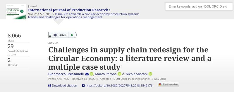 Our article "Challenges in supply chain redesign for the Circular Economy" (lnkd.in/dbw-ji8) has been included in the MOST READ ARTICLES at the Int. Journal of Production Research. Thanks to all readers. The article is OPEN ACCESS till the end of 2020
#CircularEconomy