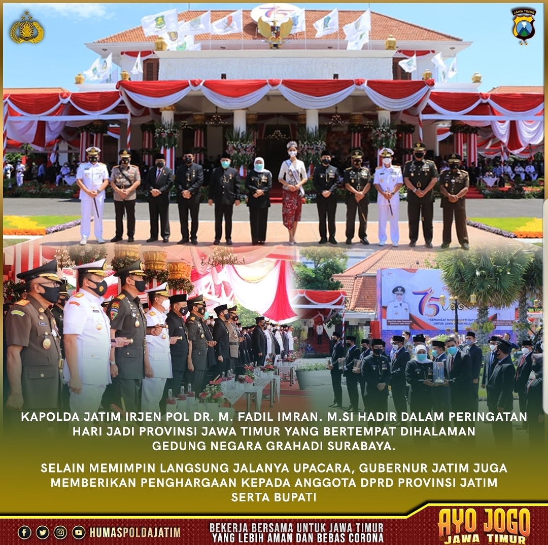HumasPoldaJatim's tweet photo. Kapolda Jatim Irjen Pol Dr. M. Fadil Imran. https://t.co/qSWgWdb300 menghadiri peringatan Hari Jadi Provinsi Jawa Timur di Gedung Negara Grahadi Surabaya

12 Oktober 2020

#jogojawatimur #jogosuroboyo @DivHumas_Polri https://t.co/QzKOGA4oqr