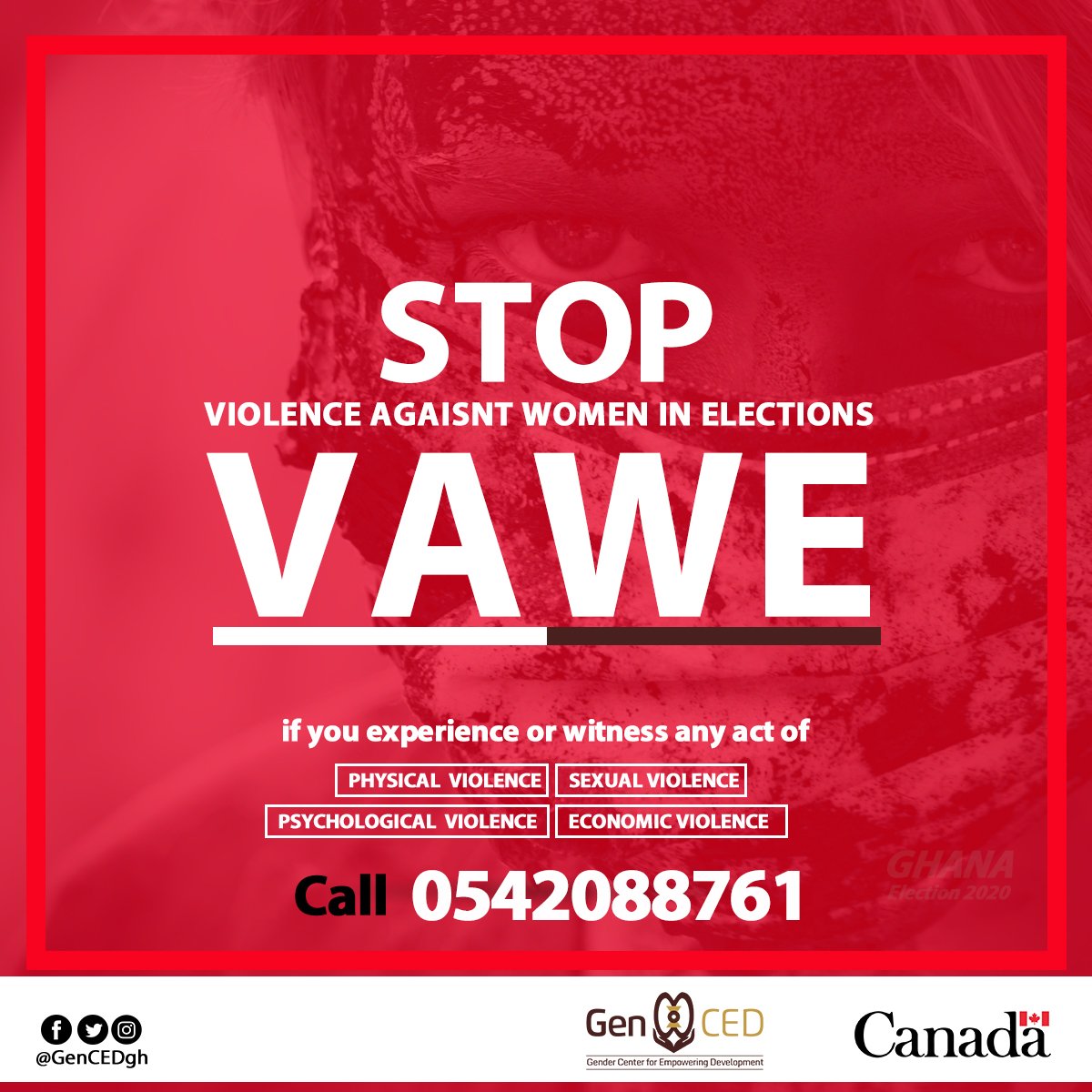 GenCEDgh's tweet photo. Don't take any act of Violence Against Women in Elections lightly. Report it as a victim or a witness. Help make the democratic space safe for all. #CFLIinGH #ENDVAWE #genderelectionwatch @maankubabom #Ghanaelection2020
@CanHCGhana @saranichollsCAN
#GhanaElection2020 #inclusive https://t.co/iN5IWu0xSf
