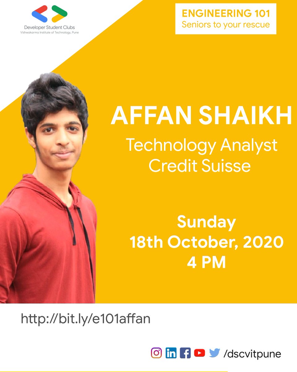 gdscvitpune's tweet photo. Hello developers!! Presenting to you Affan Shaikh, the first seeker of our webinar. He is currently working as a Technology Analyst at Credit Suisse and former Head of DSC VIT Pune. Register below before 16th October EOD: https://t.co/wRsVcT7zCt
#placement #job #career #education https://t.co/mpeypba8Pf