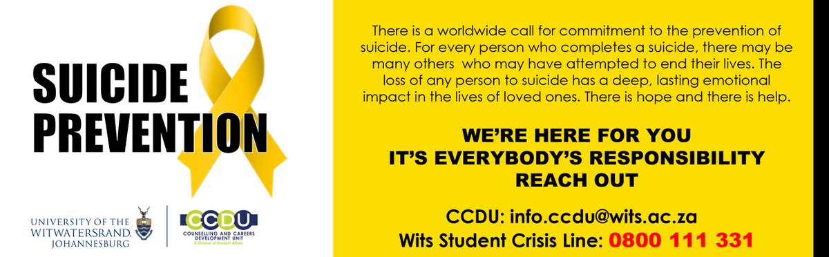 Wits University (@witsuniversity) on Twitter photo #MentalHealthMonth🎗️: Witsies, remember that help is at hand and you are not alone💛. If you need to talk to someone please reach out to CCDU for support counseling via info.ccud@wits.ac.za or you can call the Wits Student Crisis Line on: 0800111 331 (Toll free - 24/7). #MentalHealthMonth🎗️: Witsies, remember that help is at hand and you are not alone💛. If you need to talk to someone please reach out to CCDU for support counseling via info.ccud@wits.ac.za or you can call the Wits Student Crisis Line on: 0800111 331 (Toll free - 24/7).