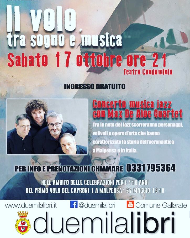 sabato 17 ottobre,  al Teatro Condominio Gassman di Gallarate. 
L'INGRESSO  E' GRATUITO CON PRENOTAZIONE OBBLIGATORIA, telefonando allo 0331795364 dal lunedì al sabato dalle 9.15 alle 14.1
#maxdealoe #maxdealoequartet #chromaticharmonica #volo #harmonica #gallarate #duemilalibri