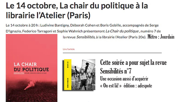 LAdespote's tweet photo. Pas de projet pour mercredi ? Alors RDV à 20 à la Librairie l'Atelier pour découvrir La chair du politique - revue Sensibilités mais aussi On est là ! de Serge D'Ignazio si ce n'est pas encore fait ! L'auteur sera présent.

#editionsadespote #SergeDignazio #onestlà #14octobre2020 https://t.co/1Zfn4GLmJN