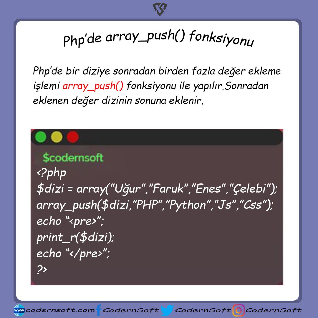 PHP'de array_push() Fonksiyonu 
#php #phpdeveloper #Developpement  #programming #array #python #YapayZeka #JS  #TabloDeğişti #yüzyüzeeğitim #DolarYüzünden #okullaracıldı #LakeShow #işsizlik #tutunamayanlar #bencesagopakajmer
