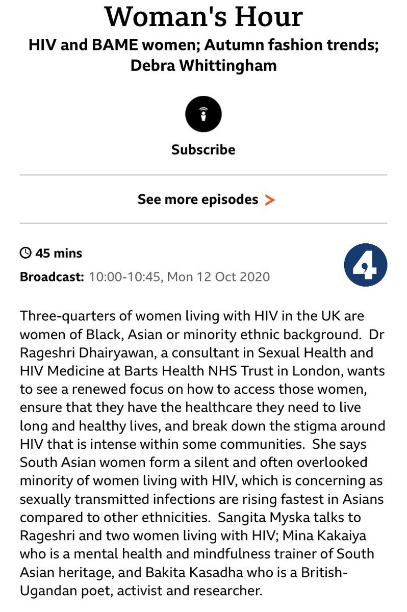 Just finished a feature on @BBCWomansHour alongside @crageshri and Mina. It was great to discuss the needs of women with HIV and the role of research to achieve that. Thanks for having us @BBCSangita!