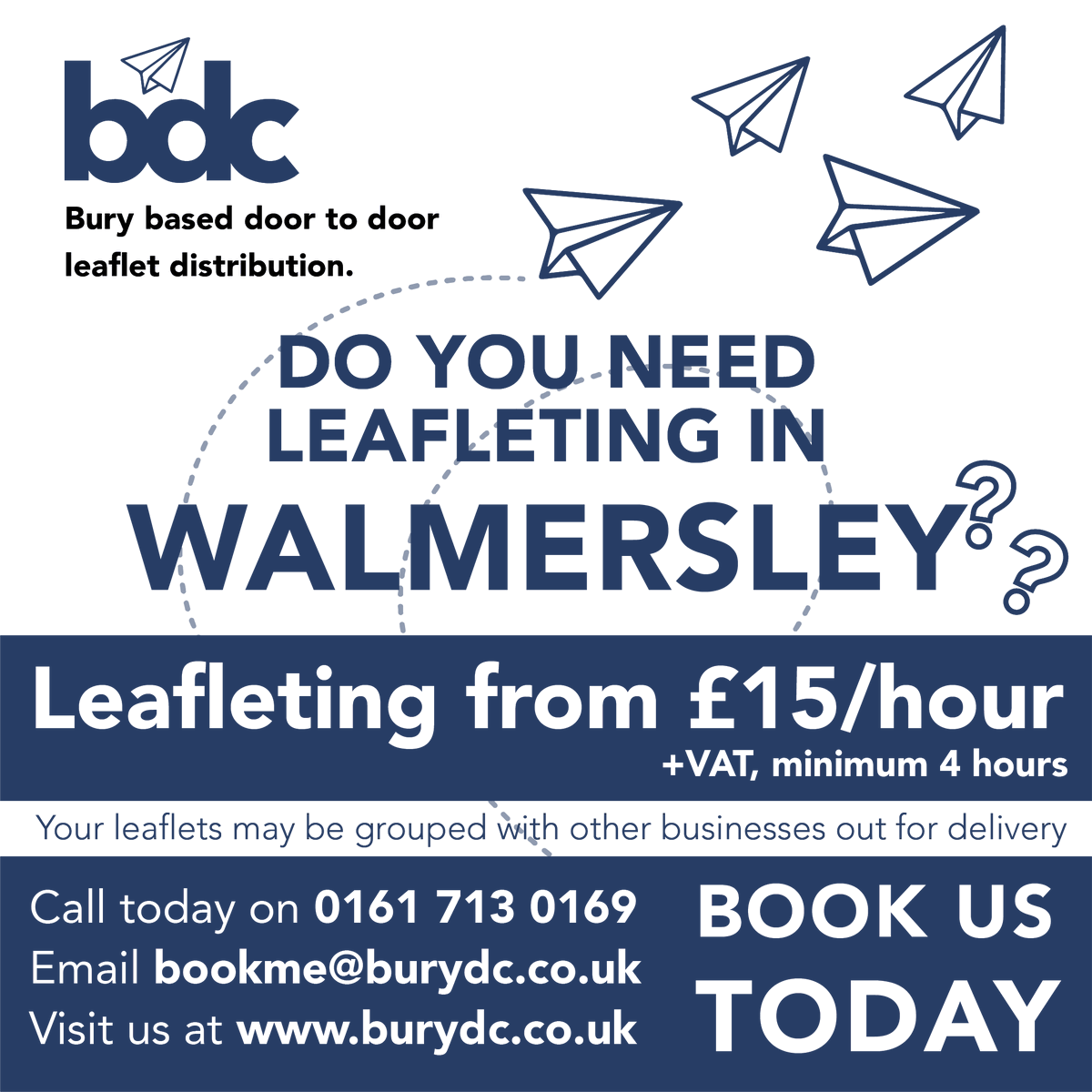 📮 Leafleting from £15/hour +vat (minimum 4 hours)
Do you need #leafleting in #Walmersley ?
☎️ Call today on 0161 713 0169
📥 Email bookme@burydc.co.uk
🖥️ Or visit burydc.co.uk