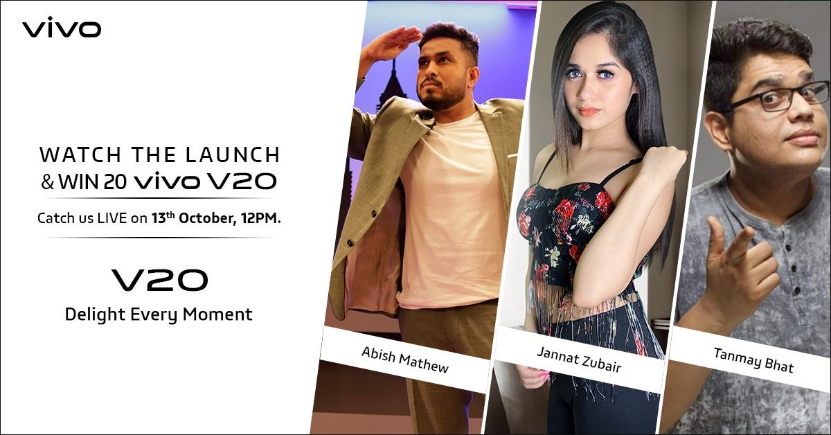 Catch Tanmay Bhatt, Jannat Zubair and Abish Mathew live at the launch of #vivoV20 tomorrow at 12pm. Stay tuned to reveal a brand new delight and stand a chance to win 20 vivo V20. #DelightEveryMoment YouTube: youtu.be/KRUXwCABVf4 Facebook: facebook.com/vivoIndia/vide…