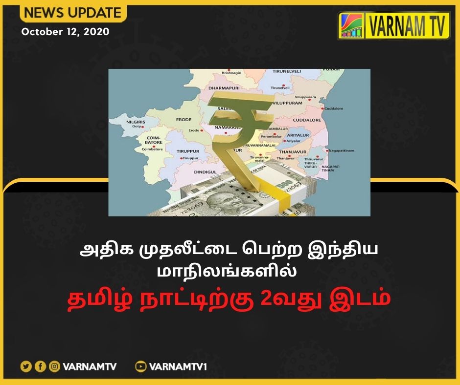 varnamtv's tweet photo. இந்திய அளவில் அதிக முதலீடு பெற்ற மாநிலம் #TamilNadu #tamilnews https://t.co/A4ZRmvLzMt