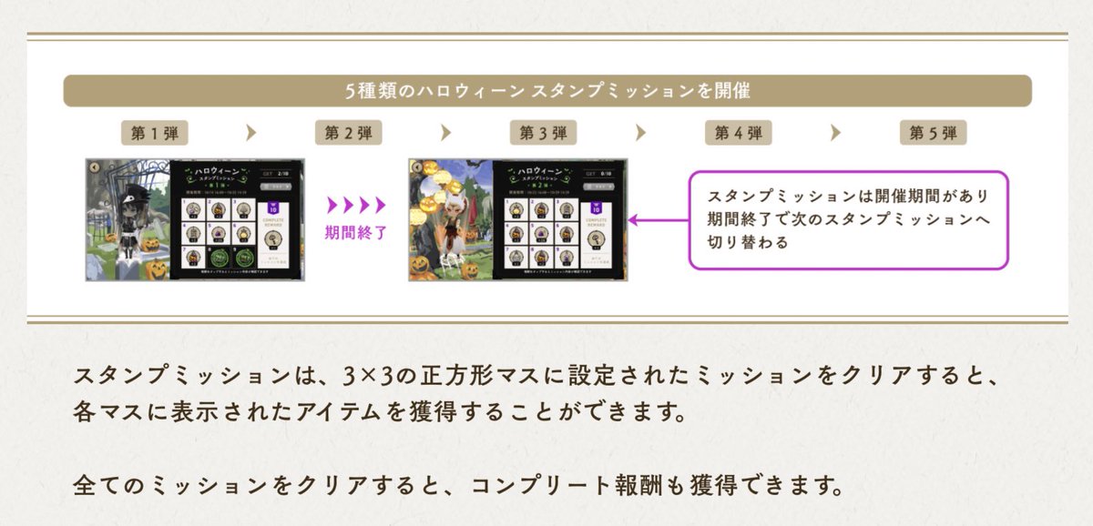 [Halloween Stamp Mission]There will be one stamp mission per story part. Stamp mission is where you get a 3x3 card filled with missions, you will get various items for each missions you clear. Once you finish all the mission in the card, you will get a completion reward!