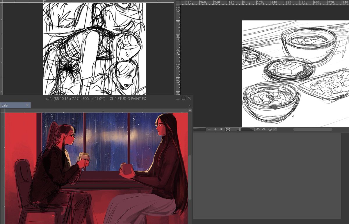 the way my wips rotate between srs illustrations, food and ppp 