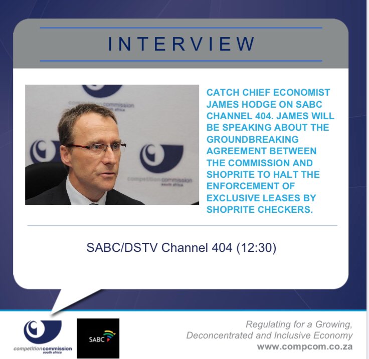 CompComSA's tweet photo. Catch Chief Economist James Hodge on SABC Channel 404. James will be speaking about the groundbreaking agreement between @CompComSA and #Shoprite to halt the #enforcement of exclusive #leases by #ShopriteCheckers. https://t.co/P2RuJho4fH