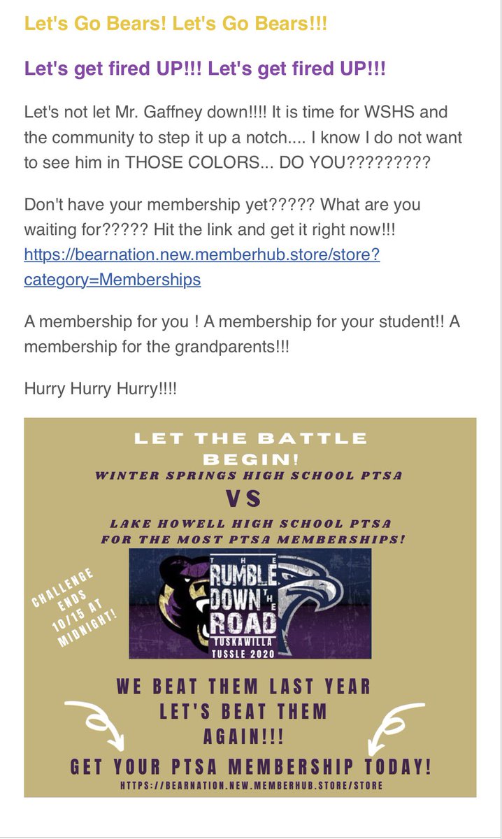 WSBearAthletics's tweet photo. TUSCAWILLA TUSSLE FOOTBALL RIVALRY WEEK
Principal Battle
@Petes_dragons vs @MichaelD_Howard to see who can get the most PTSA members signed up!
Loser wears winning schools shirt!
Check out Message below from our PTSA @jamie_deger
Hit the link to join https://t.co/DQCtjFYnUM https://t.co/bKrbOHuS6Y