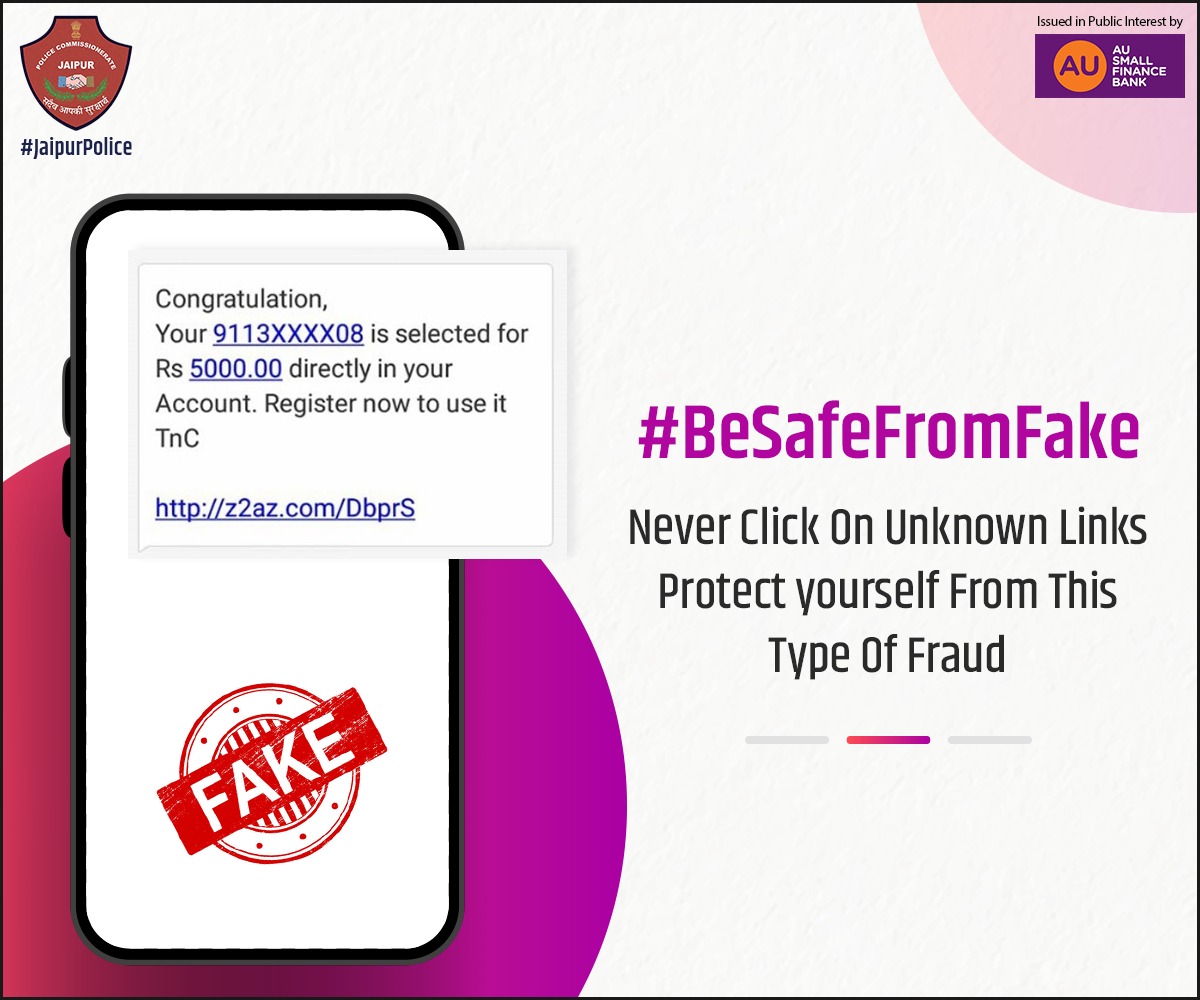 jaipur_police's tweet photo. #BeSafeFromFake
.
Never click on unknown links. Protect yourself from this type of fraud. 📱
.
#JaipurPolice #TeamJaipurPolice #BeAlert #FakeNews #DontForward #BeSafe #DontClick #CyberChori https://t.co/XuubwX3r8m