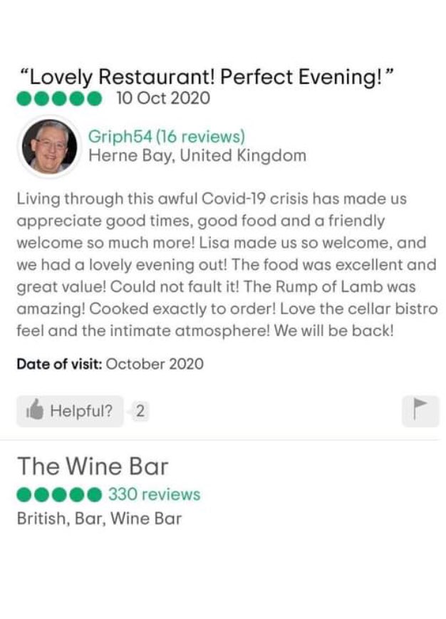 Thank you for this great #TripAdviser #Review  After 6 months its great to be #open again #goodfood #greatAtmosphere #HerneBay #greatplacetobe