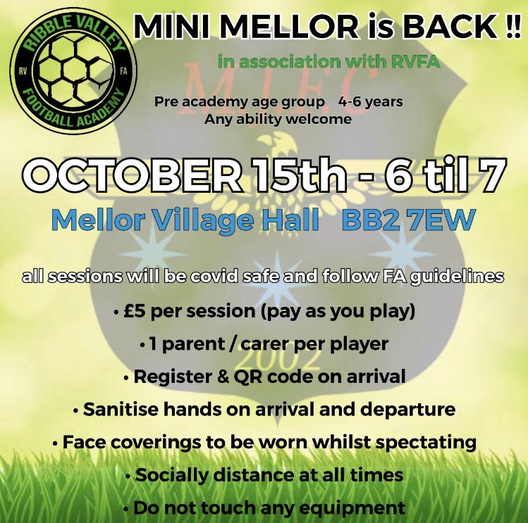 RVFACADEMY's tweet photo. ‼️ Reminder ‼️

New Session (Pre Academy)

Age:    4-6 years old 
Time:  6-7pm 
Day:    Thursday 
Venue: Mellor Village Hall (Indoor) 

We have recently created a link with Mellor Juniors FC to help develop players aged 4-6. 

#PreAcademy #Opportunities #RVFA https://t.co/cRVxuhMFFj