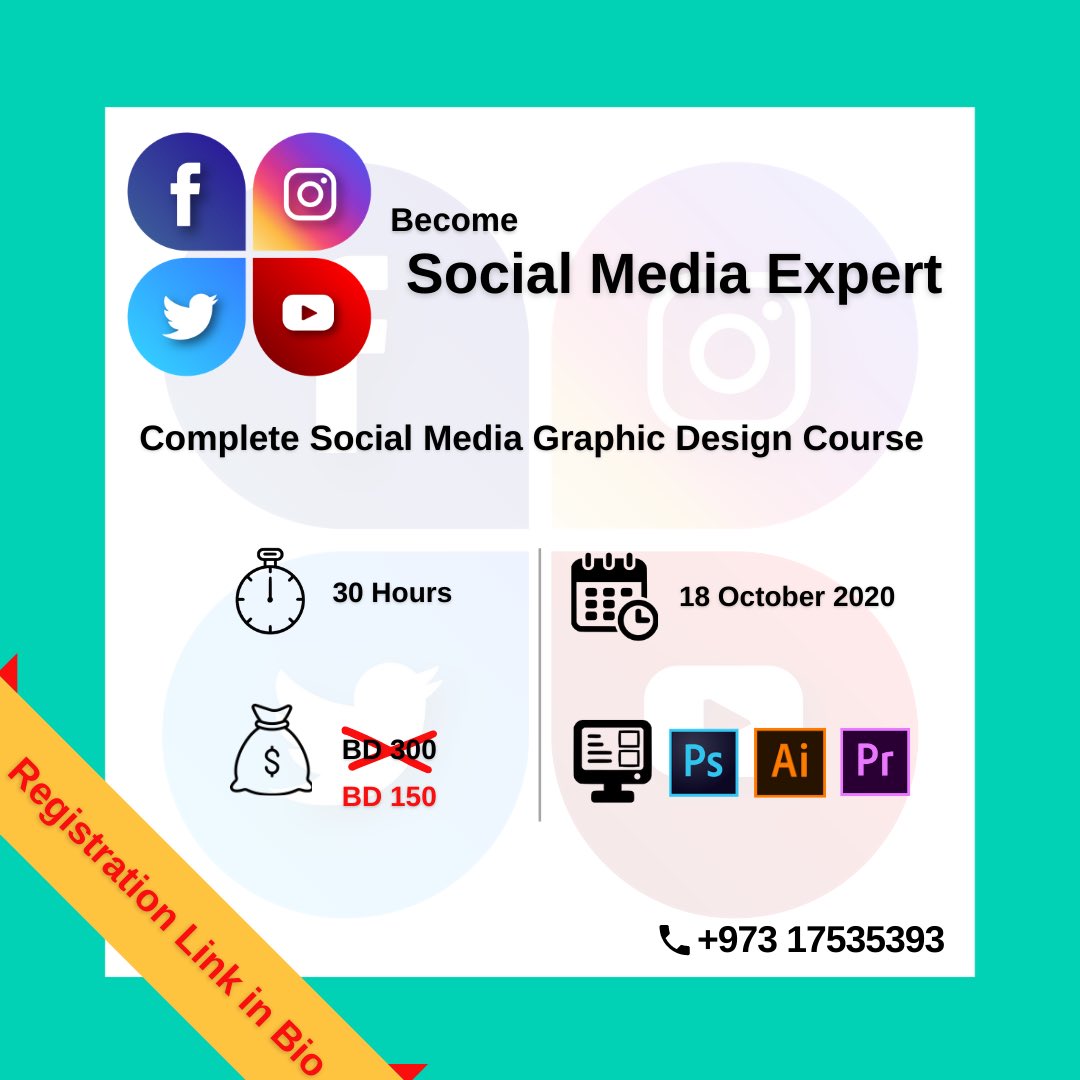 Become a Social Media Expert in 30 hours only! In this course you will have different design skills 

#Bahrain #Manama #Microsoft #socialmedia #design #instagram #facebook #twitter #adobe #photoshop #illustrator #premier #professional #institute #trainingplus