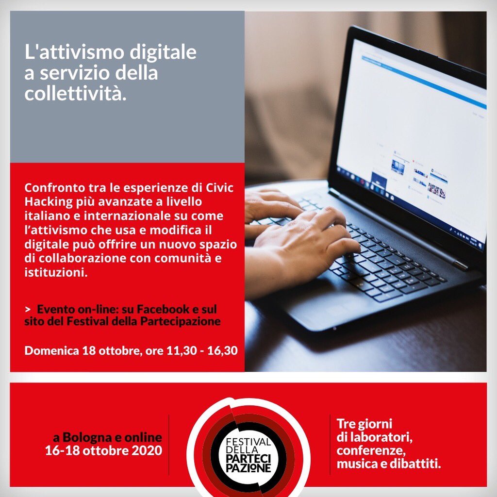 Domenica 18 a <a href="/festpartecipa/">Festival della Partecipazione</a> parleremo (online) di #CivicHacking a servizio della collettività.
Con noi @ErikaMarconato @dagoneye <a href="/aborruso/">Andrea Borruso</a> <a href="/marievafavoino/">Marieva Favoino</a> <a href="/avivace4/">Antonio Vivace</a> <a href="/albertopi/">Alberto Puliafito</a> <a href="/ActionAidHellas/">ActionAid Hellas</a> <a href="/Code4Romania/">Code for Romania</a> <a href="/frenalacurva/">FrenaLaCurva</a> <a href="/ondatait/">onData</a> <a href="/CSVnetLombardia/">CSVnet Lombardia</a> @ArciNazionale <a href="/Italianonprofit/">Italia non profit</a>