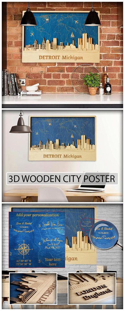 Detroit Personalized 3D City Silhouette with etsy.me/300wJtV #detroitwallart #citysilhouette #woodencity #woodwallart #detroitdecor