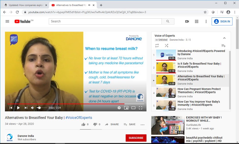 A video on the channel (now taken down) advised mothers with COVID to stay at least 6 feet from their infants and to stop breastfeeding until they had been free of symptoms for 7 days AND free of fever for more than 72 hrs AND had two negative COVID tests.