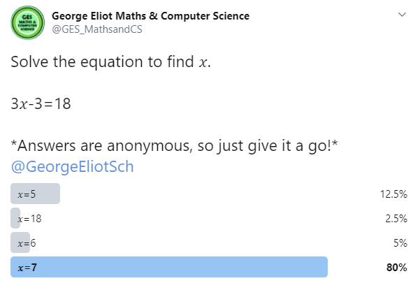 GES_MathsandCS's tweet photo. A more divided #diagnosticquestions poll this week!
Remember we have to add 3 to both sides first.
3𝑥=21
And then we divide both sides by 3.
𝑥=7
Well done to everybody that had a go - keep an eye out for this week's poll!
#STAR #AimForExcellence #Maths @GeorgeEliotSch https://t.co/5ALT710nFe
