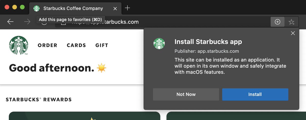 This is great! Microsoft Edge PWA installation native prompt gives useful and clear information on what's going on. I'd like to see some info from the manifest here in the future (such as description). Chrome is far behind clarity and consistency in this field.