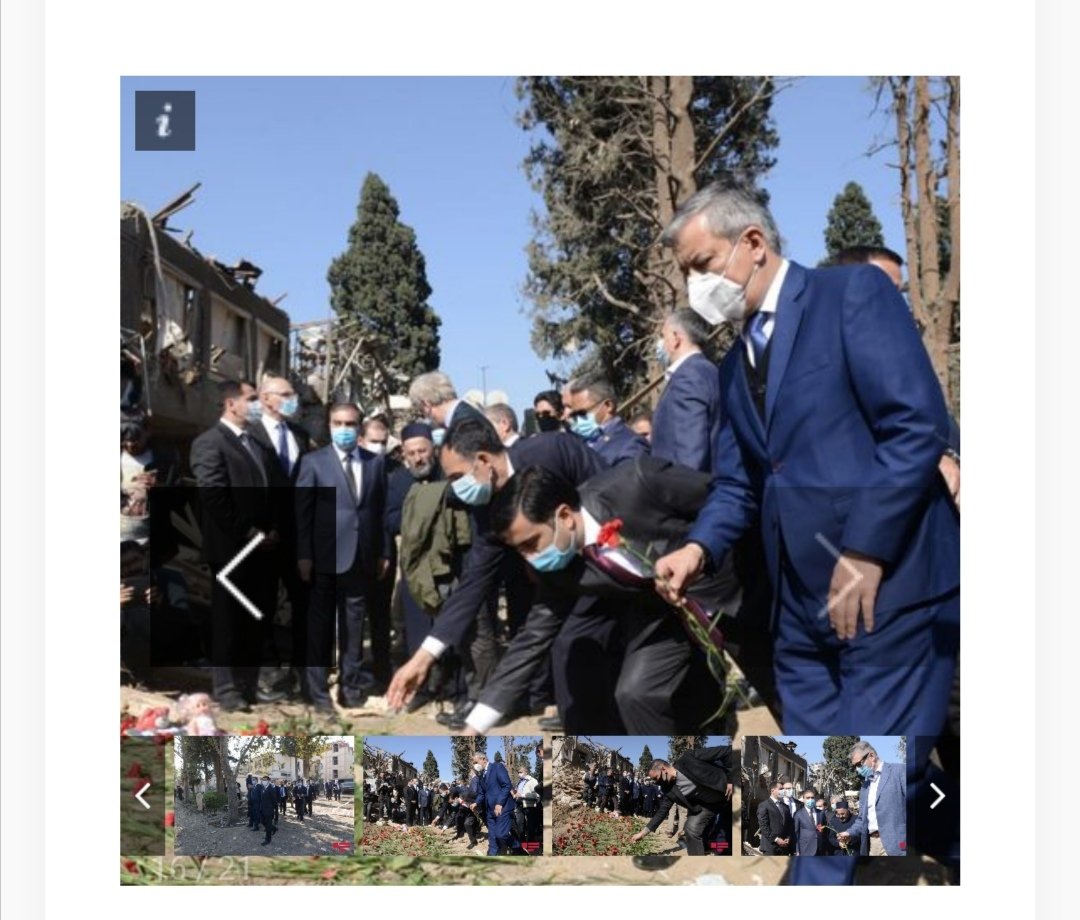 Foreign diplomats and heads of international organizations accredited in Baku have seen with their own eyes war crimes commissioned by Armenia's prime minister against civilians of Ganja city. They also put flowers to incident area to pay tribute to memory of innocent victims.