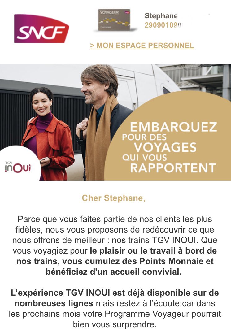 Stephen_box's tweet photo. Hum ⭕️ui ! Surprenez-moi @TGVINOUI & @SNCF, hâte de savoir ce qu’il se trame 😉😋 #ProgrammeVoyageur #fidélité #RelationClient https://t.co/X5cWKpFuU9