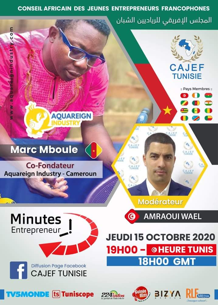 AQUAREIGNINDUS3's tweet photo. 6èm live "Minutes Entrepreneur" : Invité Marc Mboule,  co-fondateur d’AQUAREIGN INDUSTRY. 

Mod : Wael Amraoui membre CAJEF Tunisie, expert en coaching des entreprises.

✅ Jeudi 15 Oct, 18h00 GMT

✅Live https://t.co/f9LwK3dtZp

Évènement : 
✅  https://t.co/hmY3fckkV3 https://t.co/Lb2yB6lGnq